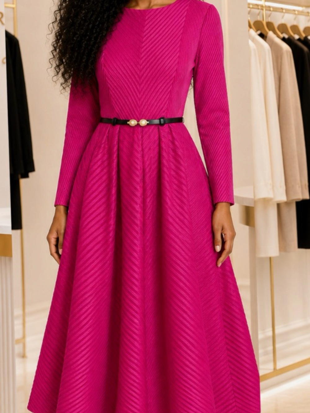 Elegant Fuchsia Long-Sleeve Fit & Flare Dress